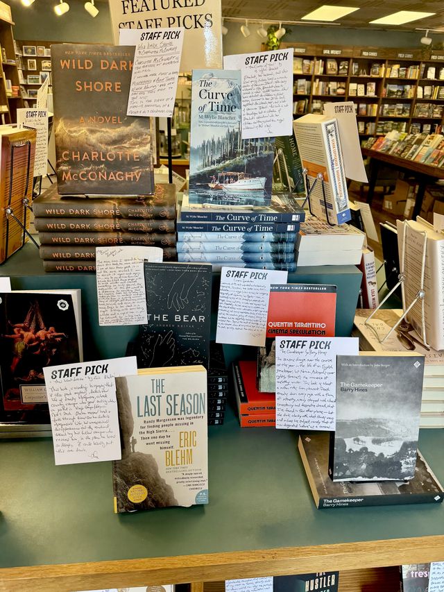 A collection of books on a table at a bookstore in Sisters. The Bear looks quite promising.