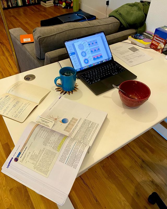 Desk with computer open showing some manner of diagram. Notes and a textbook open nearby