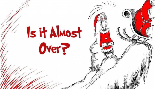 Older Grinch drawing with him in Santa outfit while on cliff edge with sled teetering on edge.